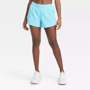All in Motion Women's Blue Mid-Rise Core Run Shorts 3" Zip Pockets Brief Liner